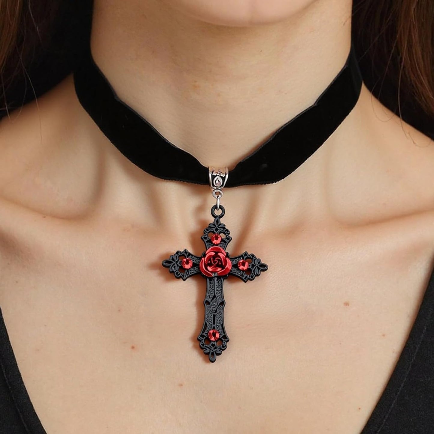 Gothic Cross Choker Necklace for Women Goth Emo Grunge Jewelry Accessories Y2K Red Black Halloween Christmas Gift