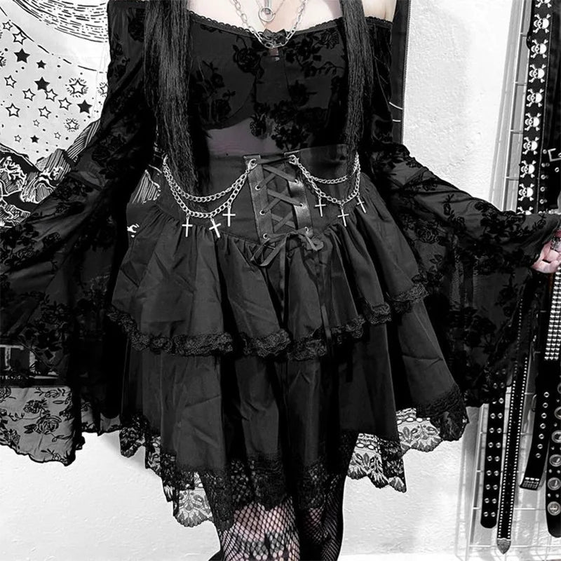 Y2K goth plaid pleated mini skirt for women, high-waisted summer streetwear with kawaii harajuku aesthetic style.