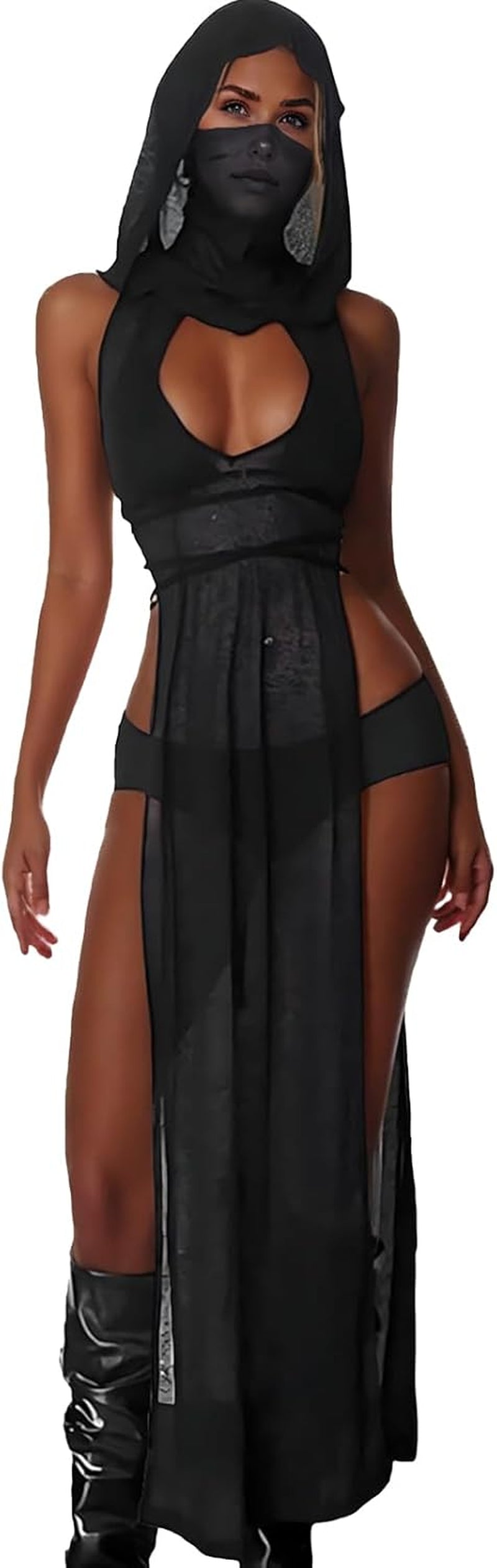 Rave Outfits for Women, Goth Sleeveless Hooded Sheer Knit Dress,Edm Festival Outfits Streetwear