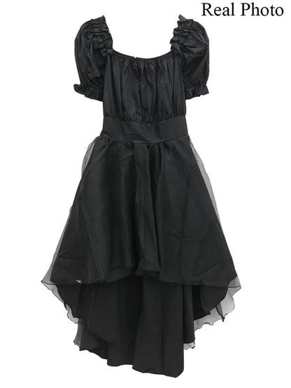 Y2K Harajuku gothic dress by PressureDen.store, ruffled mini dress showcasing kawaii and fairycore styles with vibrant details.