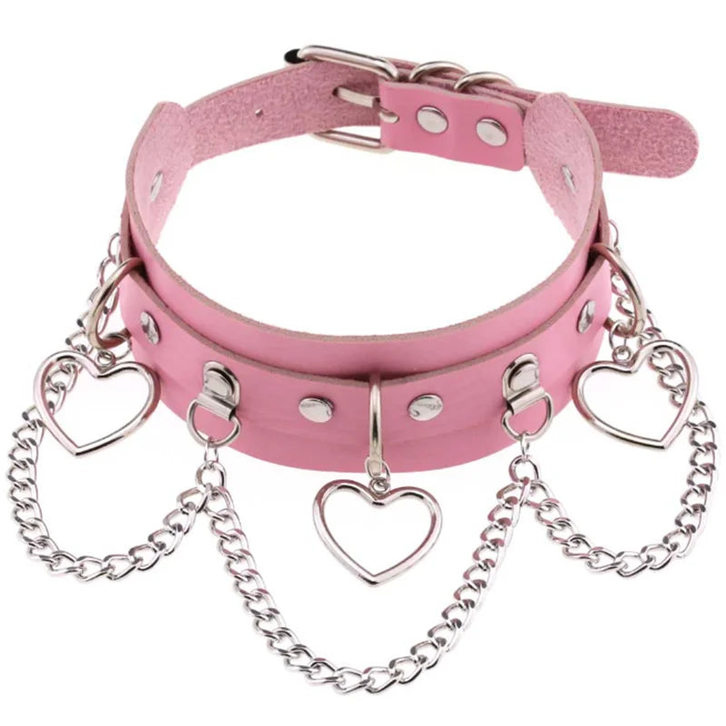 Black PU leather choker with heart rivets, Y2K goth punk necklace from PressureDen.store, perfect for trendy girls.