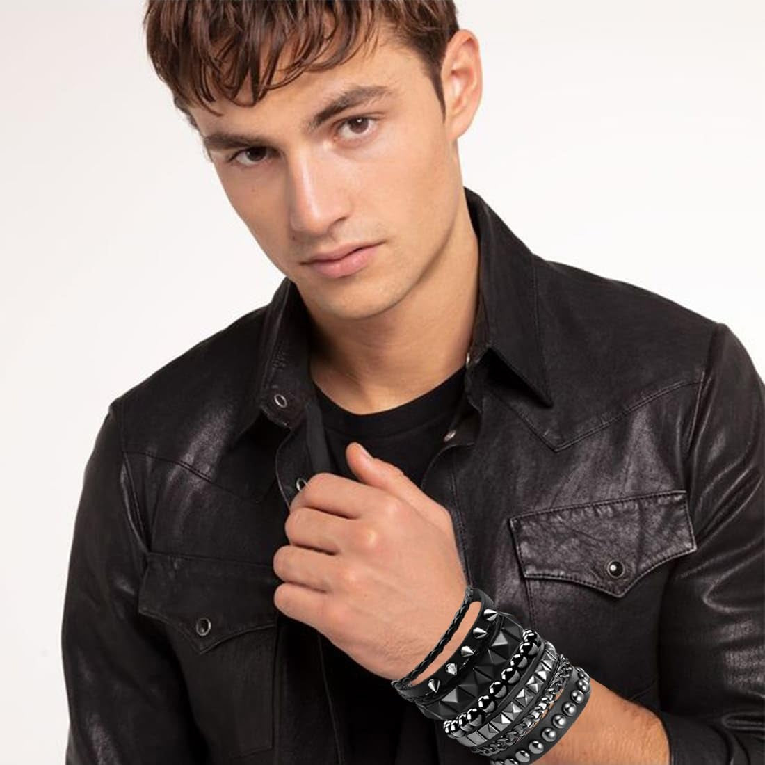 4 Pcs Punk Rock Leather Studded Bracelets for Men Women 80S Gothic Spike Cuff Bracelet Set Emo Accessories for Rocker Outfits