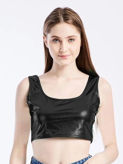 Shimmering Metallic Holographic Crop Tank Top - Stylish Sleeveless Scoop Neck for Rave & Dance Festivals