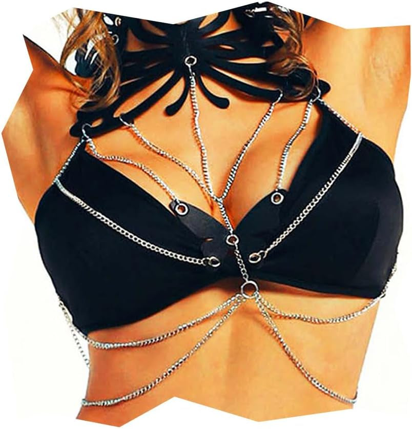 Black Chain Harness Leather Chest Chain Bra Goth Body Chain Jewelry for Women
