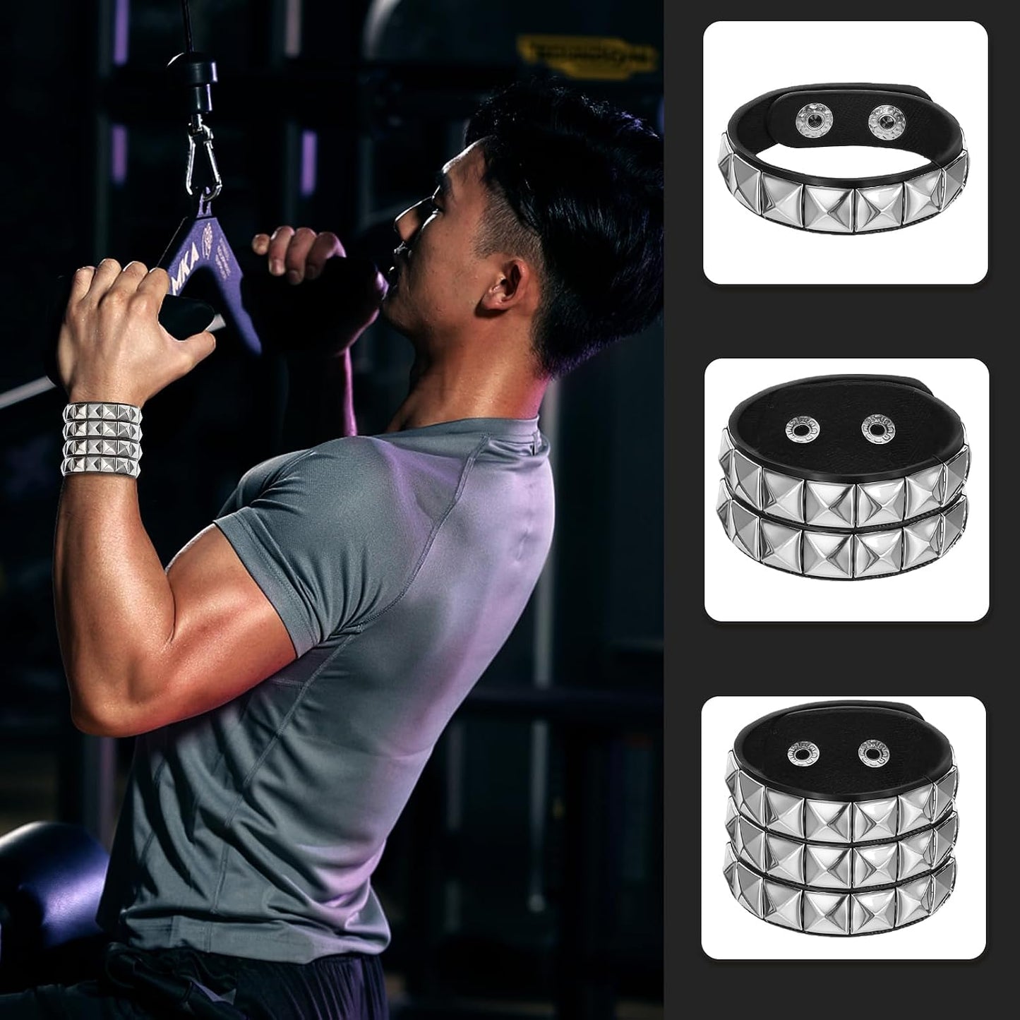 YUXIANLB edgy punk rock spiked bracelet set with 3 adjustable cuffs and wristbands perfect for emo and goth fashion styles.