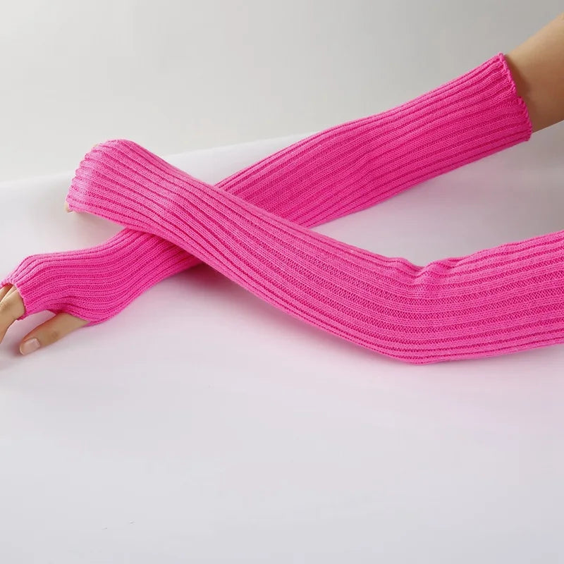 Black knitted long fingerless gloves for women, winter warmer stylish arm sleeves, casual soft gothic punk fashion.