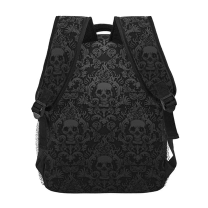 Gothic black skull damask backpack by PressureDen.store, unisex casual laptop bag for school, travel, and outdoor adventures.