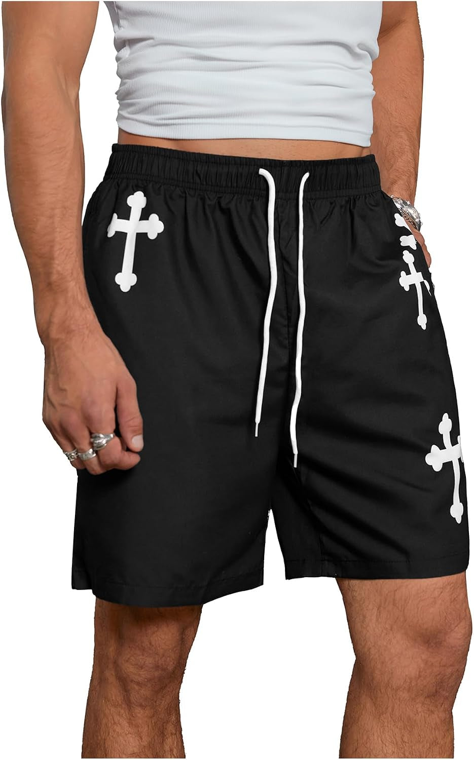 Men's goth cross graphic workout shorts by VIPWOLF, black athletic drawstring running track shorts with bold cross design