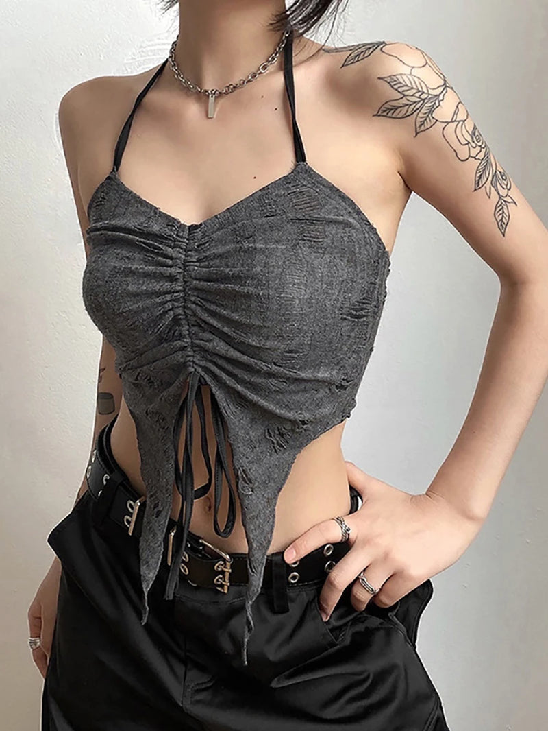 Vintage goth Y2K two-piece set with long sleeve T-shirt and buckle crop camisole, featuring grunge-style design and dark fashion details.