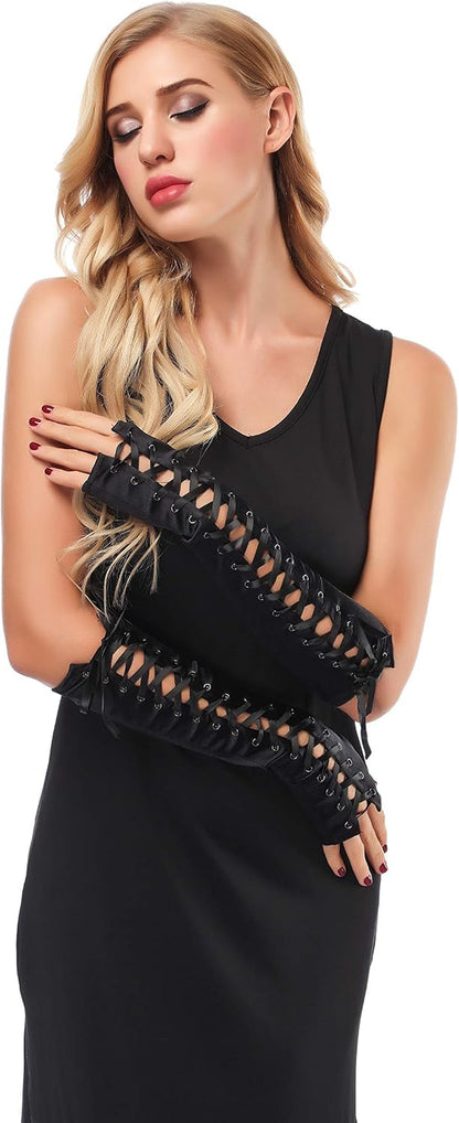 JISEN women's steampunk lace-up fingerless elbow gloves, stylish arm warmers with lace-up design for costume and fashion wear.