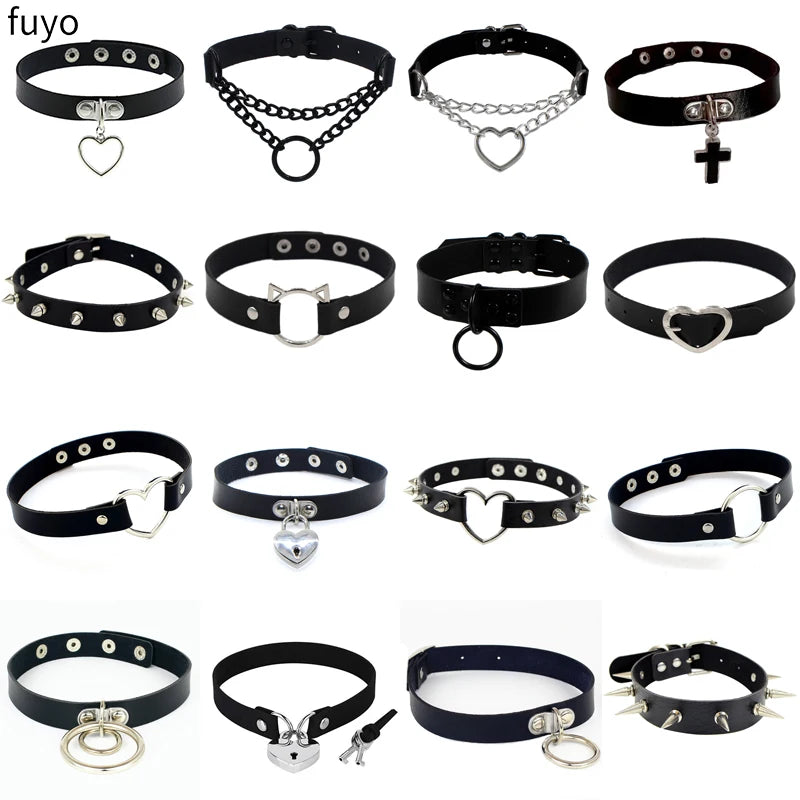 Black punk choker necklace with rivets, goth leather collar jewelry perfect for parties and clubwear, by PressureDen.store