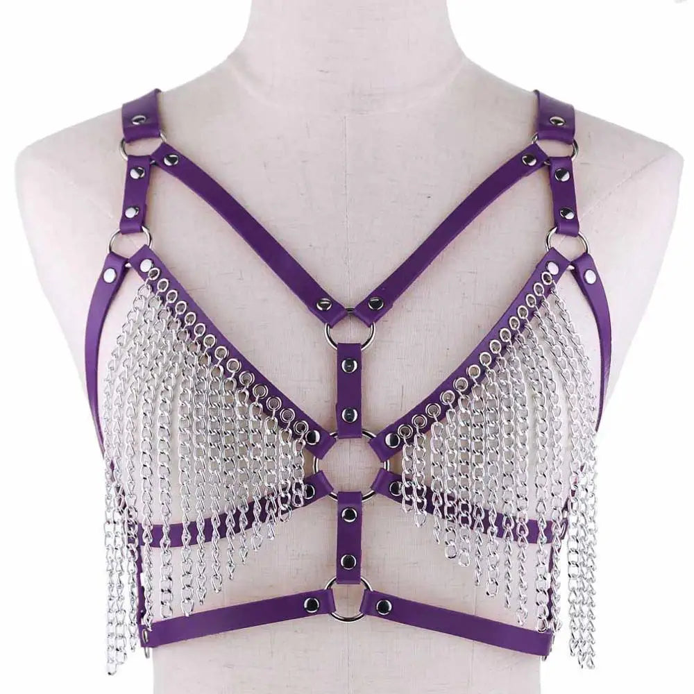 Leather Chain Harness Body Chain Bra Goth Punk Sexy Chain Top Women Body Jewelry Summer Festival Fashion Rave Outfit