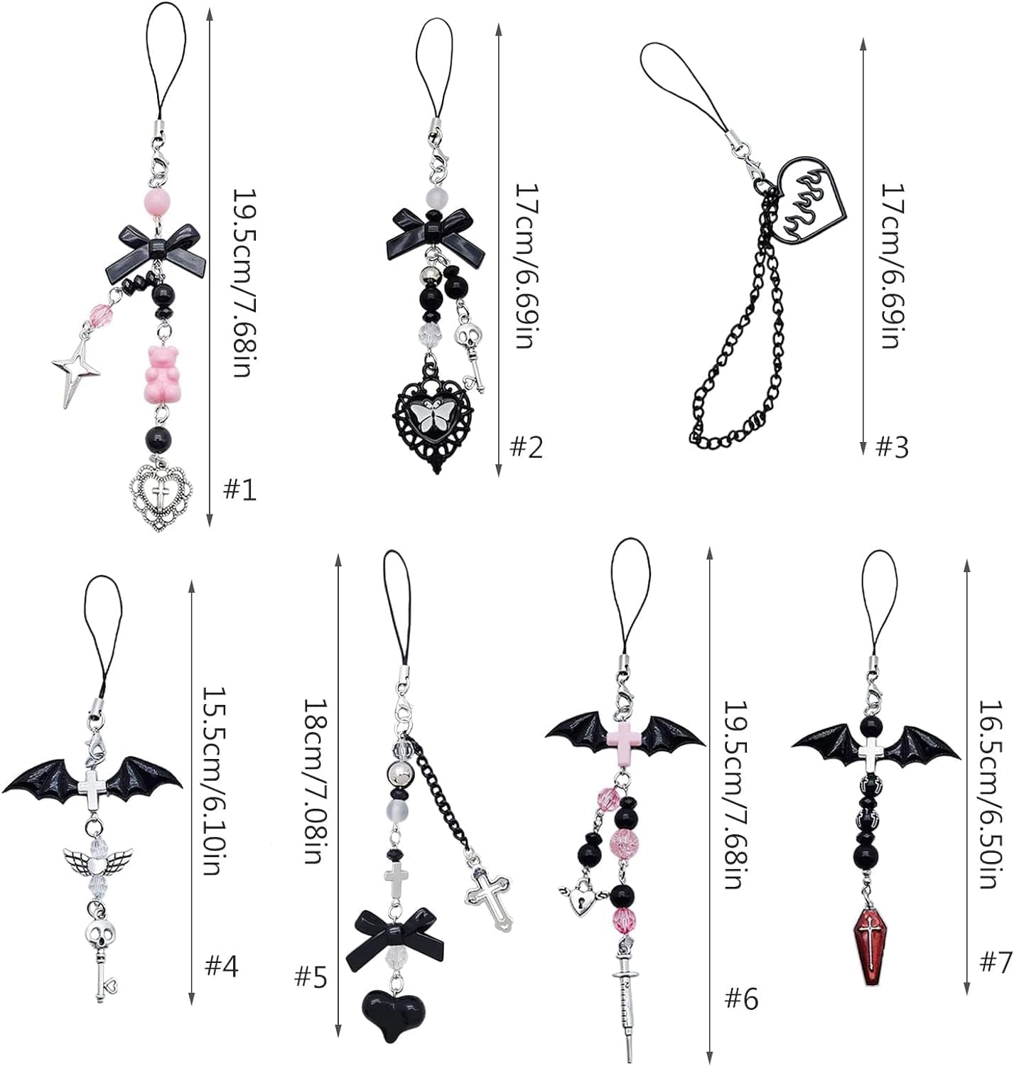 1Pc Black Mobile Phone Chain Pendant,Goth Y2K Phone Charm Pendant Kawaii-Key Chain for Bag Cute Accessory Women Guitar Strap Lanyard Beaded Keychain,Accessories