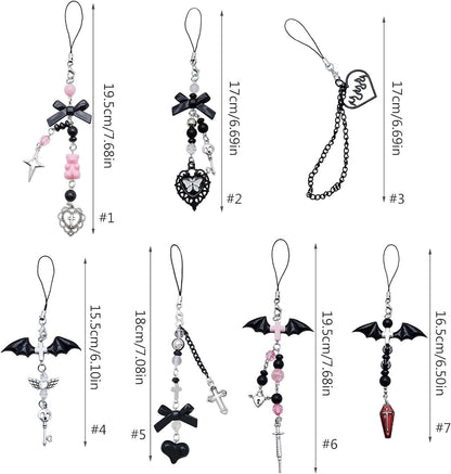 1Pc Black Mobile Phone Chain Pendant,Goth Y2K Phone Charm Pendant Kawaii-Key Chain for Bag Cute Accessory Women Guitar Strap Lanyard Beaded Keychain,Accessories