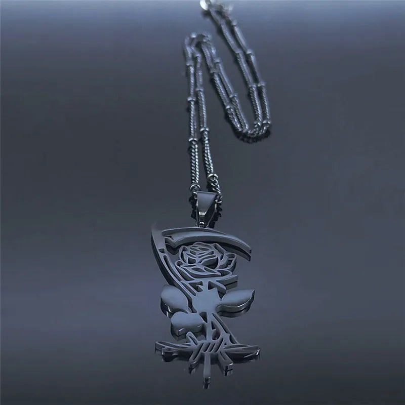 Goth Sickle Rose Flower Necklace for Women Men Stainless Steel Black Color Gothic Chain Aesthetic Jewelry Colier Femme N3834S02