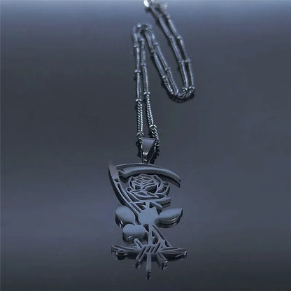 Goth Sickle Rose Flower Necklace for Women Men Stainless Steel Black Color Gothic Chain Aesthetic Jewelry Colier Femme N3834S02