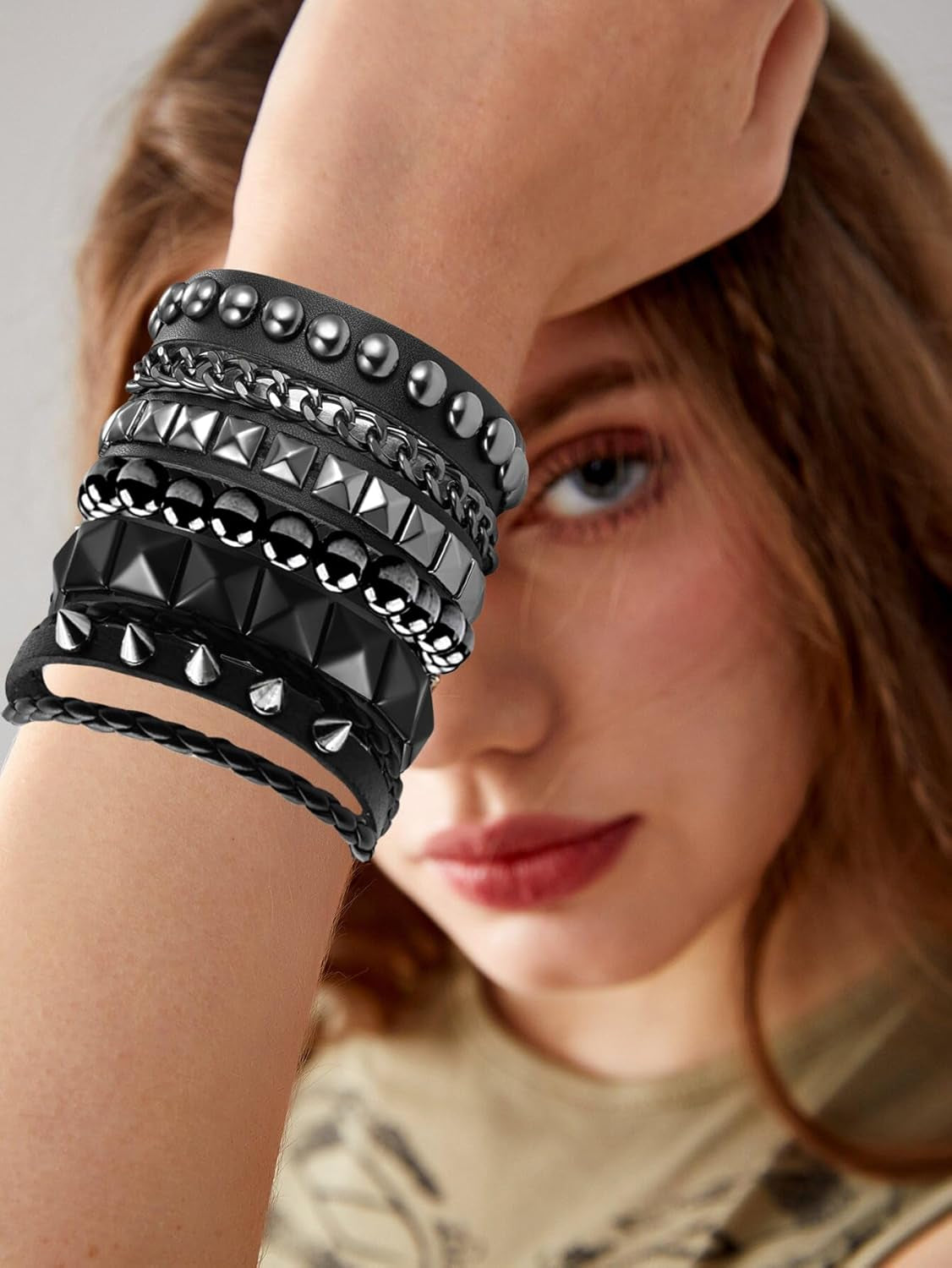 4 Pcs Punk Rock Leather Studded Bracelets for Men Women 80S Gothic Spike Cuff Bracelet Set Emo Accessories for Rocker Outfits