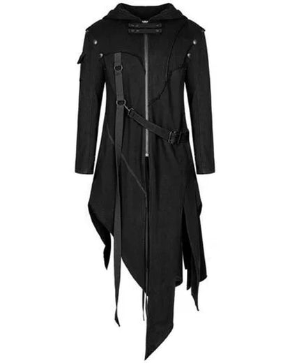 Black punk hooded jacket with edgy goth and dieselpunk style, featuring distressed details and a dystopian-inspired design for men.