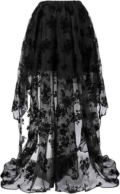 Victorian steampunk corset skirt in black with lace and buckle details, ideal for renaissance costumes and Halloween parties.