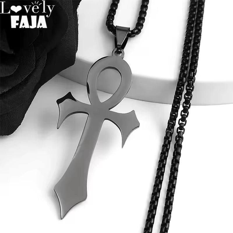 Black stainless steel Gothic Egyptian Ankh necklace featuring the Key of Life amulet, perfect for religious jewelry and gift.