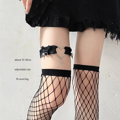 Sexy Leather Heart Belt Elastic Leg Thigh Garter Girl Women Harness Goth Accessories Black Gothic Rivet Punk Anklet