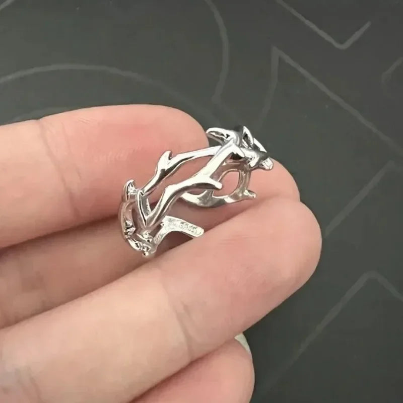Vintage goth thorny rose couple rings made of stainless steel, featuring irregular punk design for men and women.