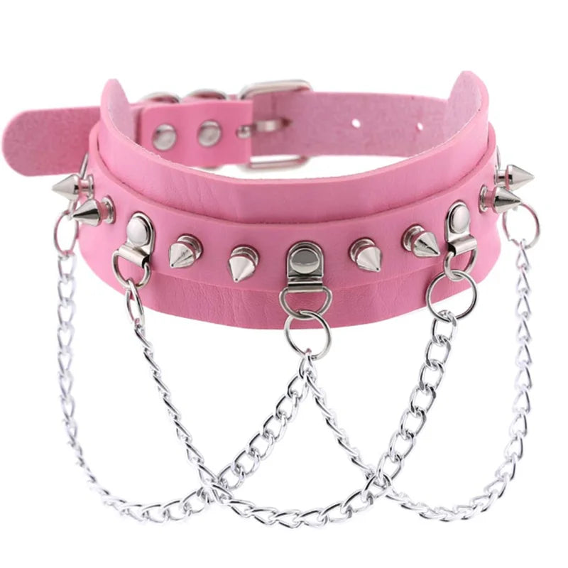 Black PU leather choker with heart rivets, Y2K goth punk necklace for trendy girls, featuring bold pressureden.store design
