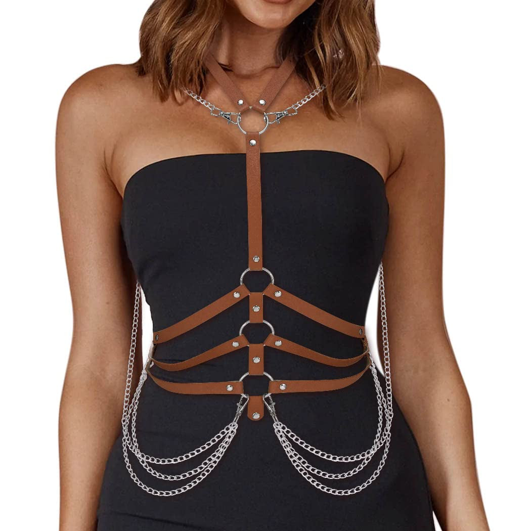 Fashion Harness Belt plus Size Harness Waist Belts Punk Leather Body Harness for Women (Brown)