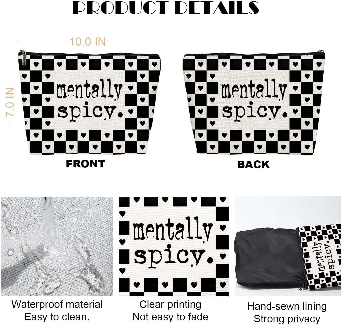 Alternative Makeup Bag, Edgy ‘Mentally Spicy’ Checkered Makeup Bag, Gift for Goth Lovers Women Girls Friend Daughter, Self Expression Graduation Birthday Friendship Gifts 10×7 Inch