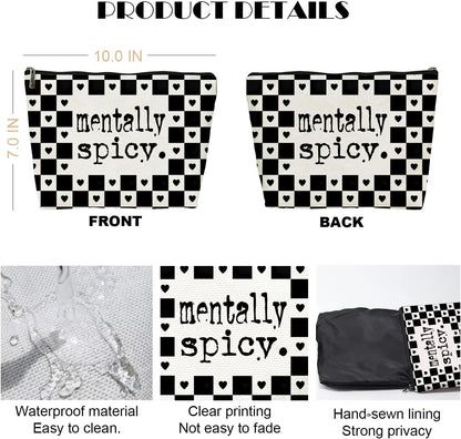 Alternative Makeup Bag, Edgy ‘Mentally Spicy’ Checkered Makeup Bag, Gift for Goth Lovers Women Girls Friend Daughter, Self Expression Graduation Birthday Friendship Gifts 10×7 Inch