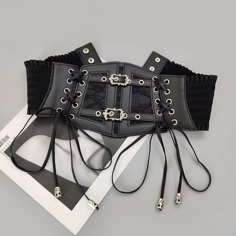 Plus size elastic lace corset belt for women, wide stretch cummerbund in brown and white, ideal for goth punk fashion.
