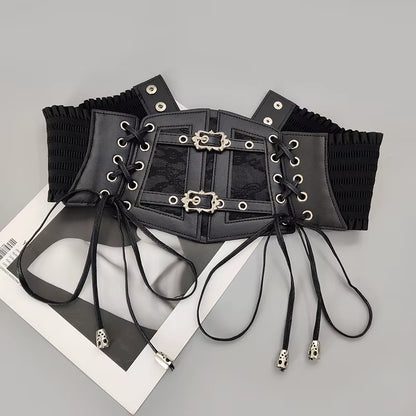 Plus size elastic lace corset belt for women, wide stretch cummerbund in brown and white, ideal for goth punk fashion.