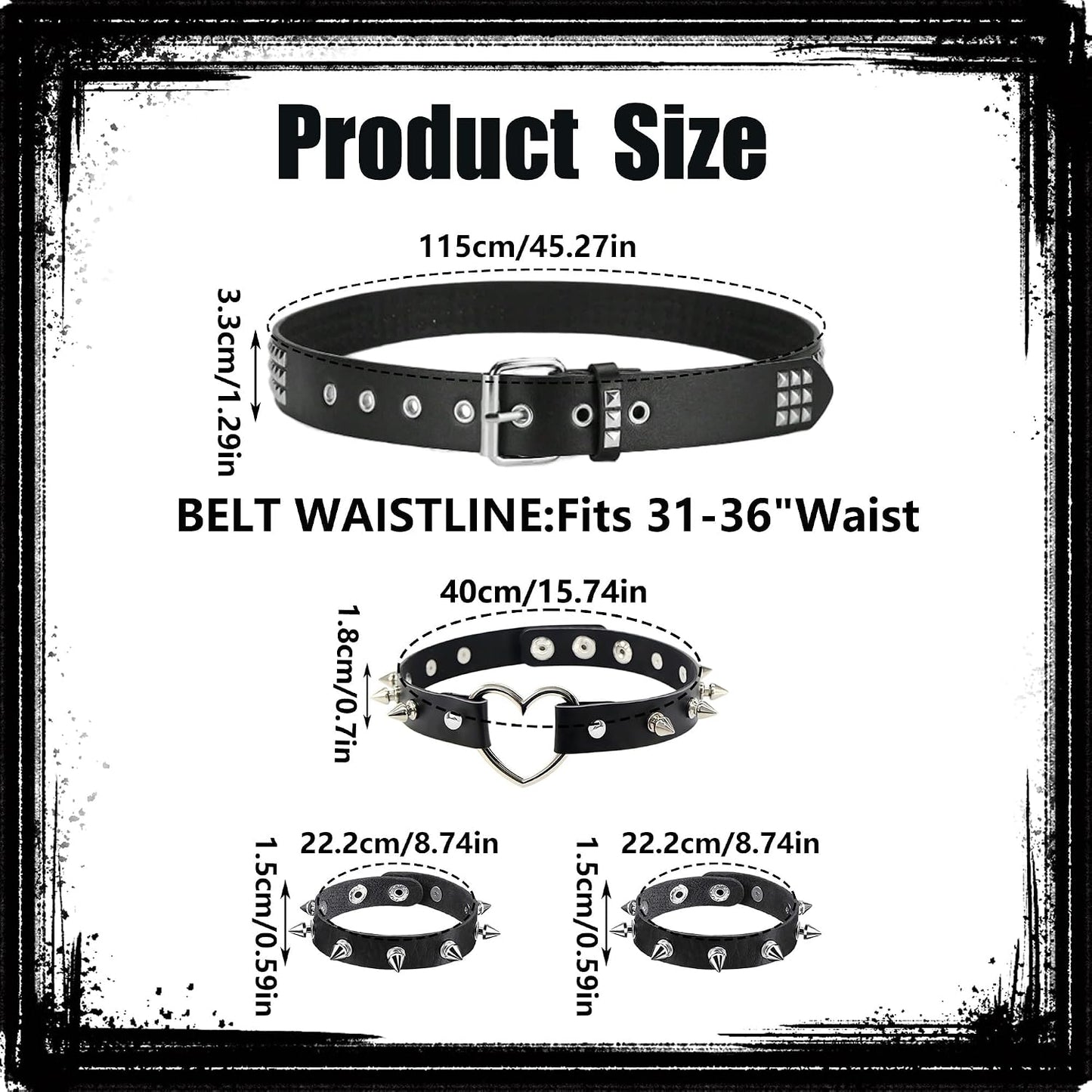 Black studded belt and spiked accessories set by YMO featuring edgy punk style with metal studs and spikes.