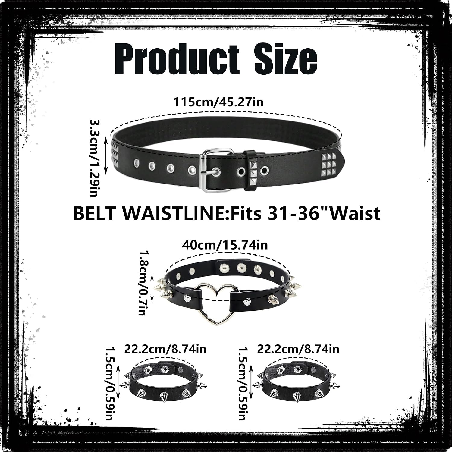 Black studded belt and spiked accessories set by YMO featuring edgy punk style with metal studs and spikes.
