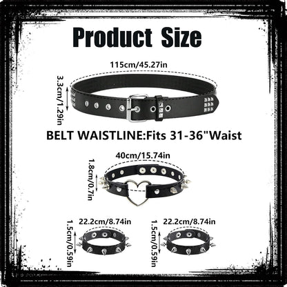 Black studded belt and spiked accessories set by YMO featuring edgy punk style with metal studs and spikes.