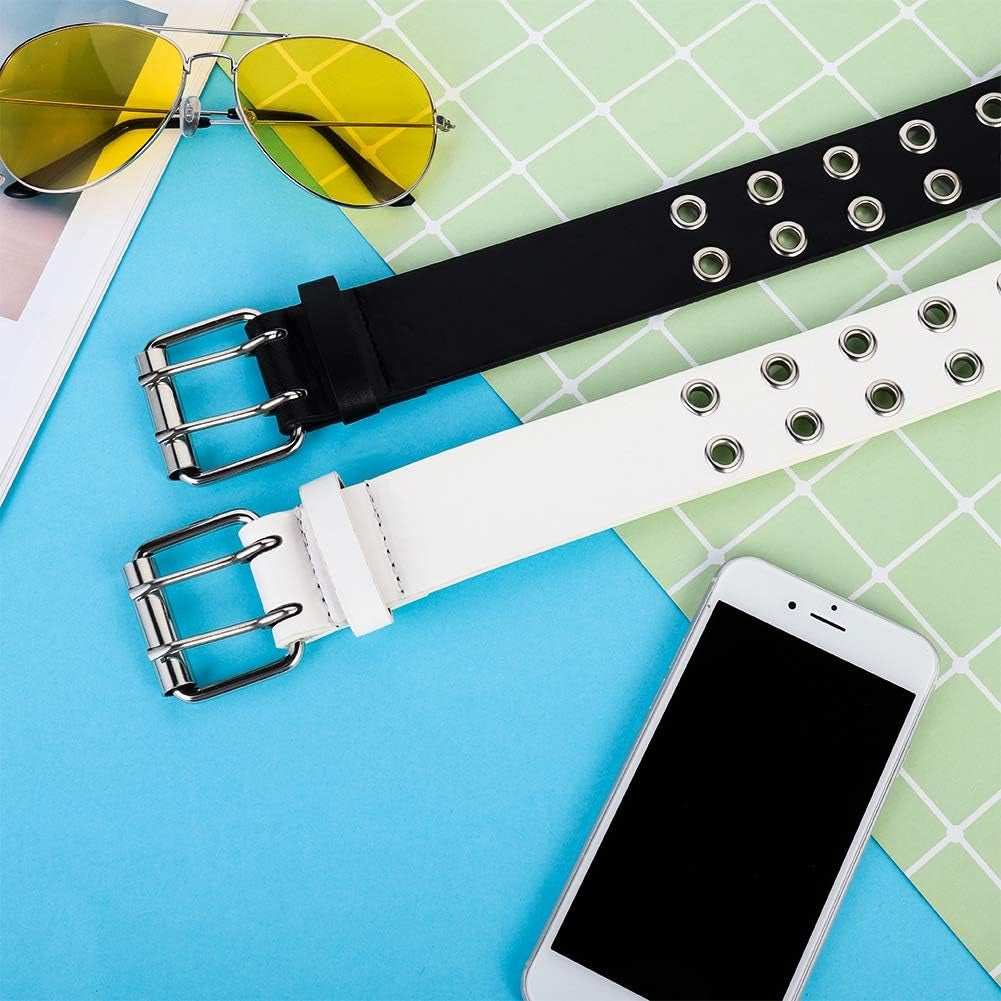 Versatile BKpearl 2-pack PU leather punk grommet belts for men and women with stylish 2-hole design, perfect for jeans, medium size