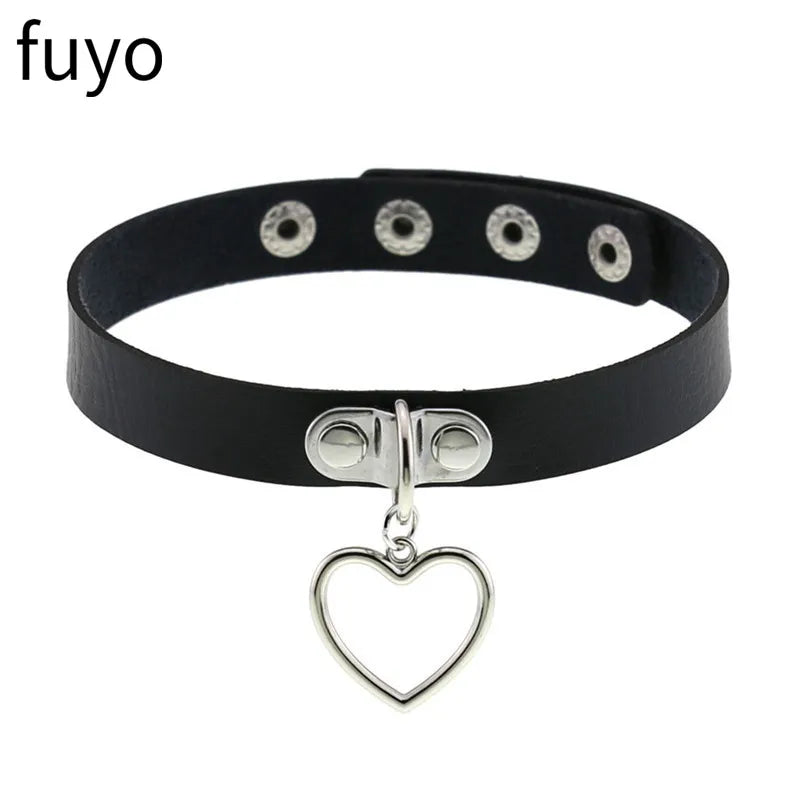 Sexy Goth Choker Necklace Men Punk Rock Heart Geometry PU Necklace for Women Choker Gothic Bondage Goth Jewelry Chocker Neck