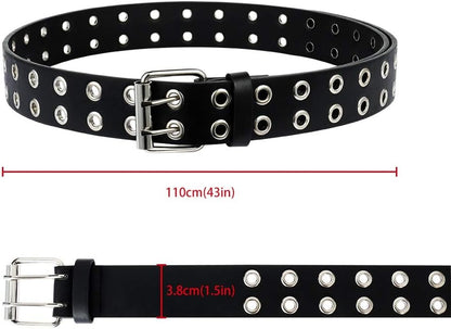 BKpearl 2-pack PU leather punk grommet belts for men and women, stylish 2-hole design, perfect for jeans, medium size.