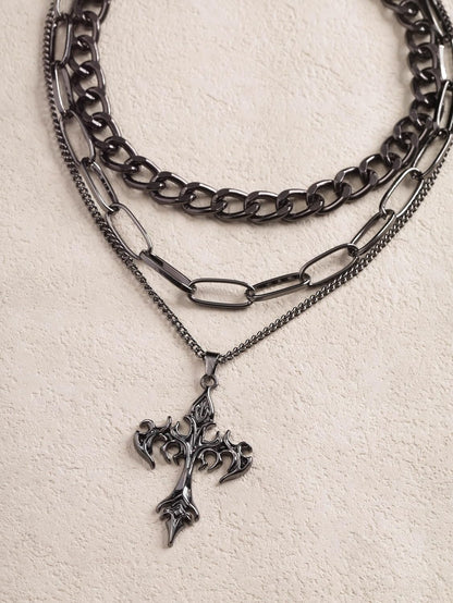 Sacina Gothic layered cross choker necklace with black and silver chains, ideal for emo, grunge, and Halloween fashion styles.