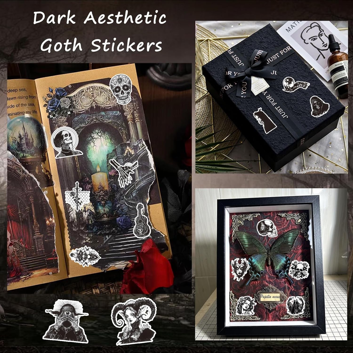 100 Pcs Dark Aesthetic Goth Stickers for Adults, Skull Sticker Packs for Water Bottle Kindle Laptop Phone DIY Crafts Card Making Scrapbook Art Journal