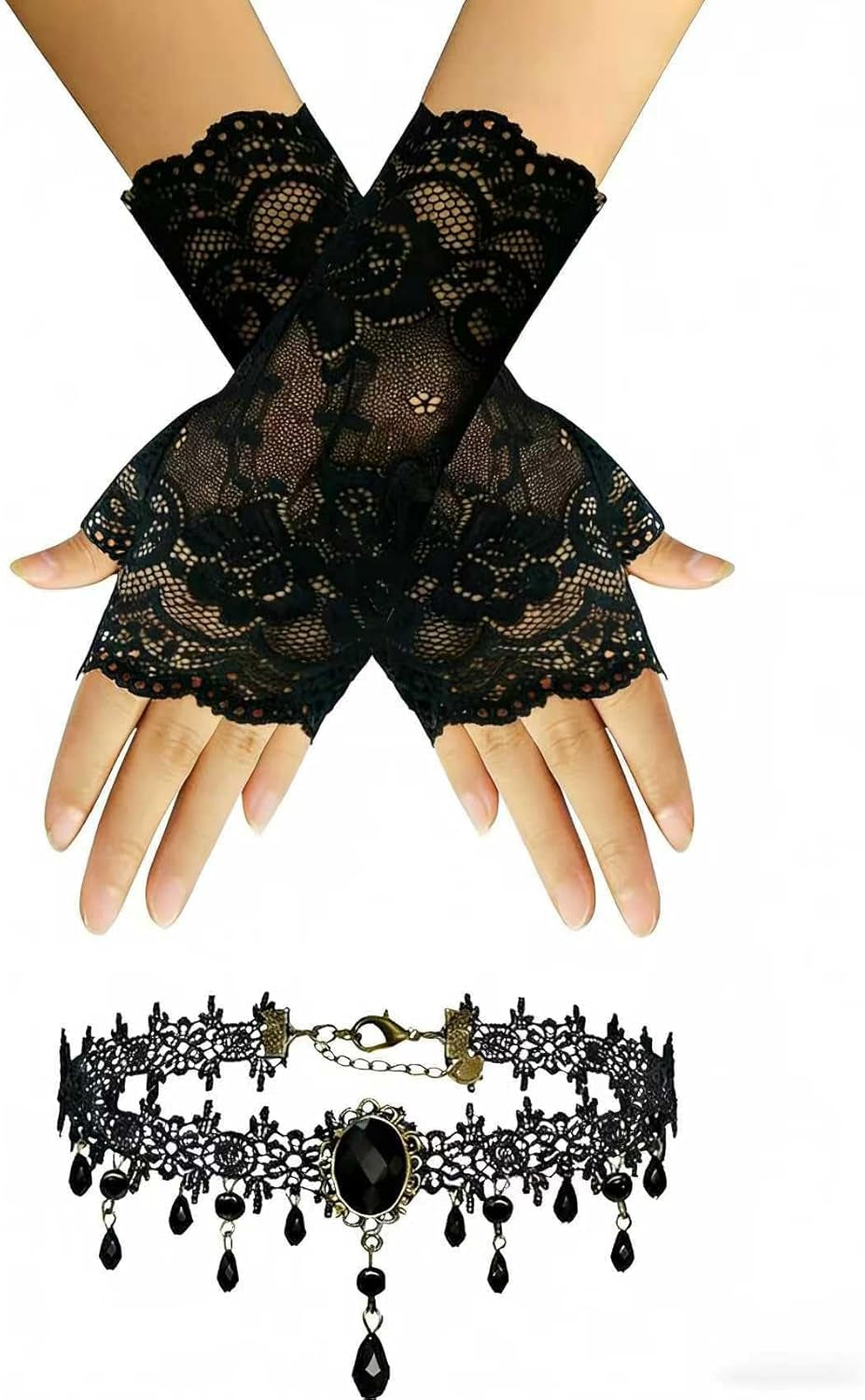 YAIZLBCA black lace fingerless gloves and velvet choker set, gothic style for Halloween, parties, and cosplay.