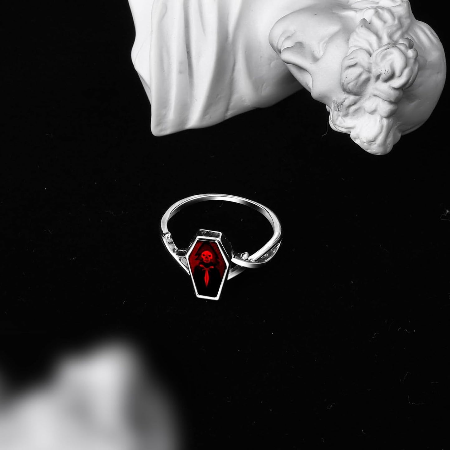 Goth Vampire Coffin Rings - 925 Sterling Silver Vintage Red Thorn Coffin Ring Charm Jewelry Gifts for Mens Women 6-10#