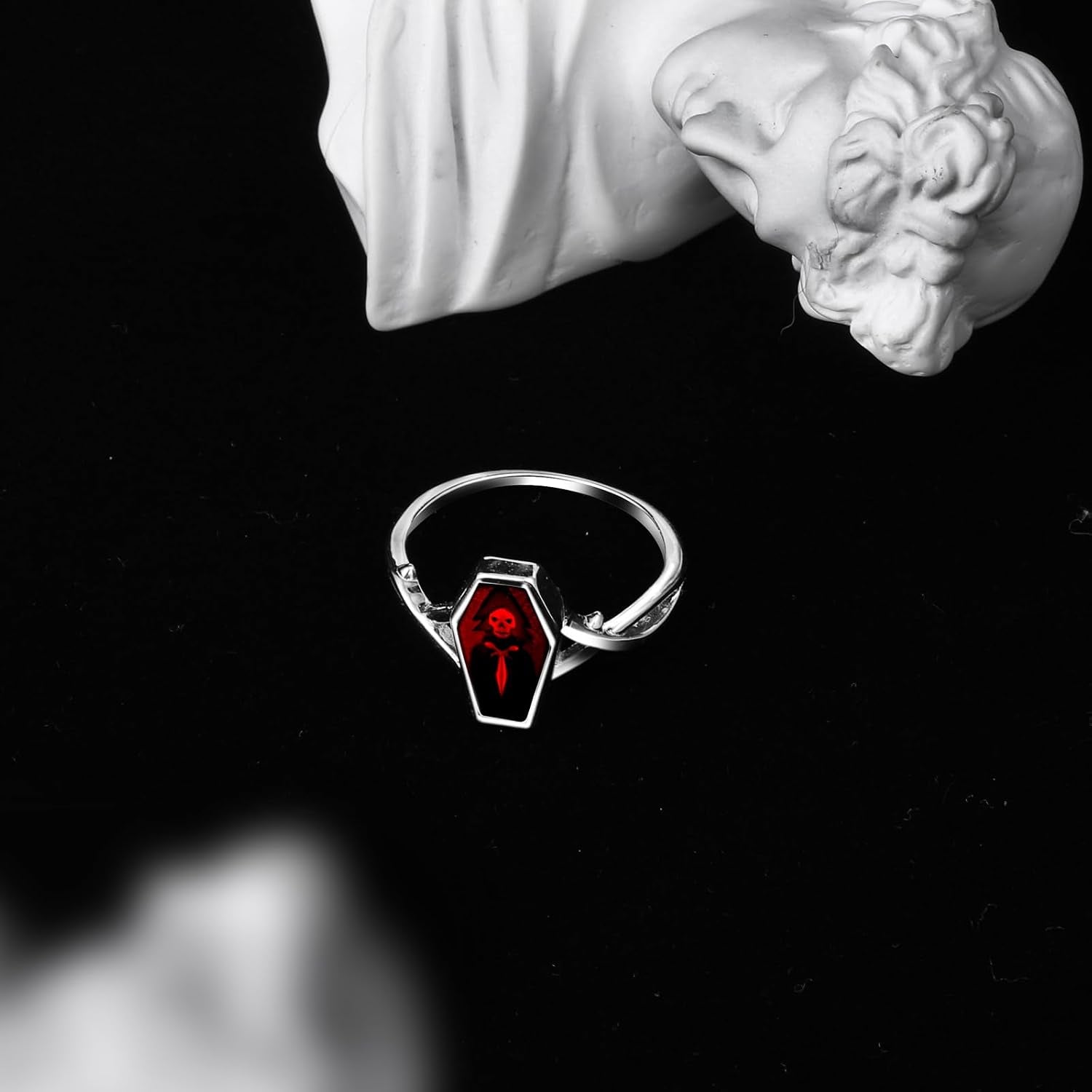 Goth Vampire Coffin Rings - 925 Sterling Silver Vintage Red Thorn Coffin Ring Charm Jewelry Gifts for Mens Women 6-10#