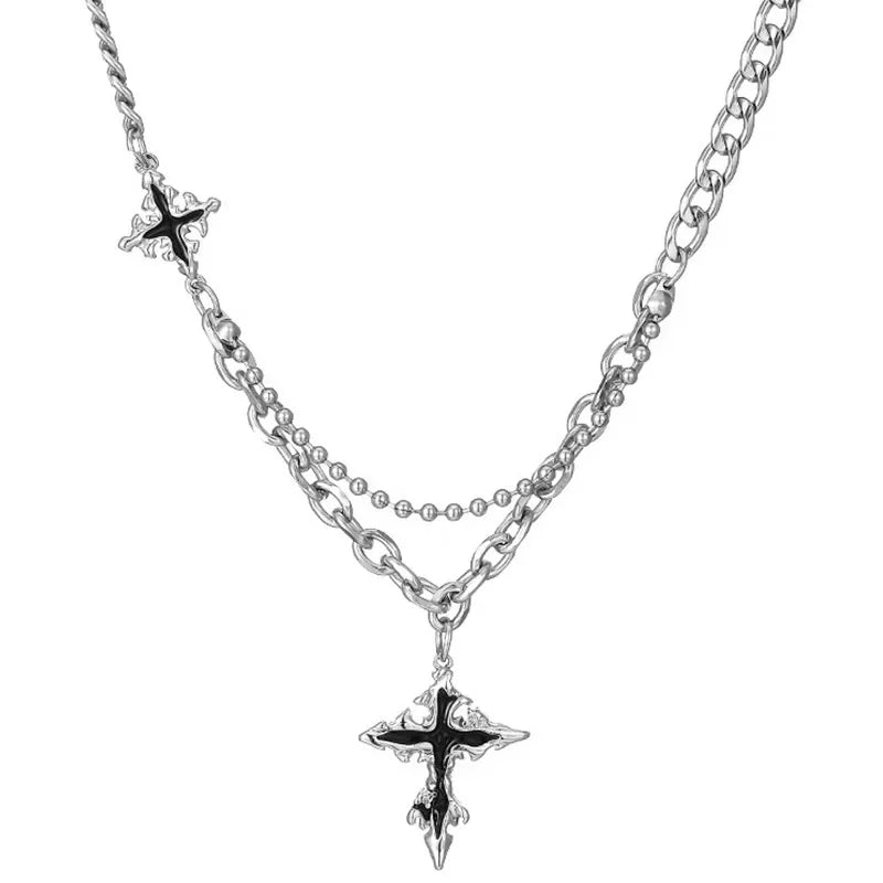 Silver metal Y2K grunge hip hop Halloween pendant necklace with cross charm, unisex style, featuring a back chain design.