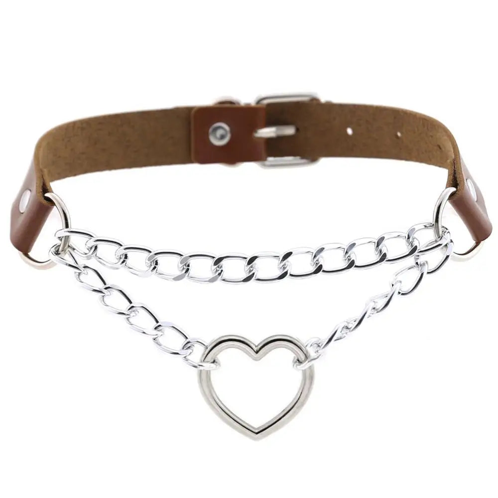 Black leather Gothic Heart Choker Necklace with chain detail, perfect for punk and emo fashion styles.