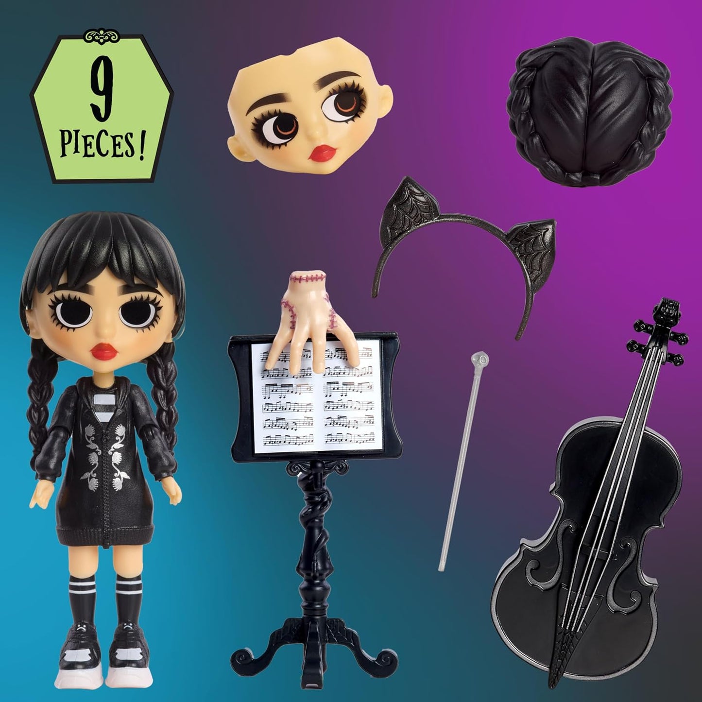 WEDNESDAY Deluxe 6-Inch Articulated Figure, 11-Pieces, Interchangeable Face Plates and Fashion, Customizable Collectible Figurine, Kids Toys for Ages 3 up by