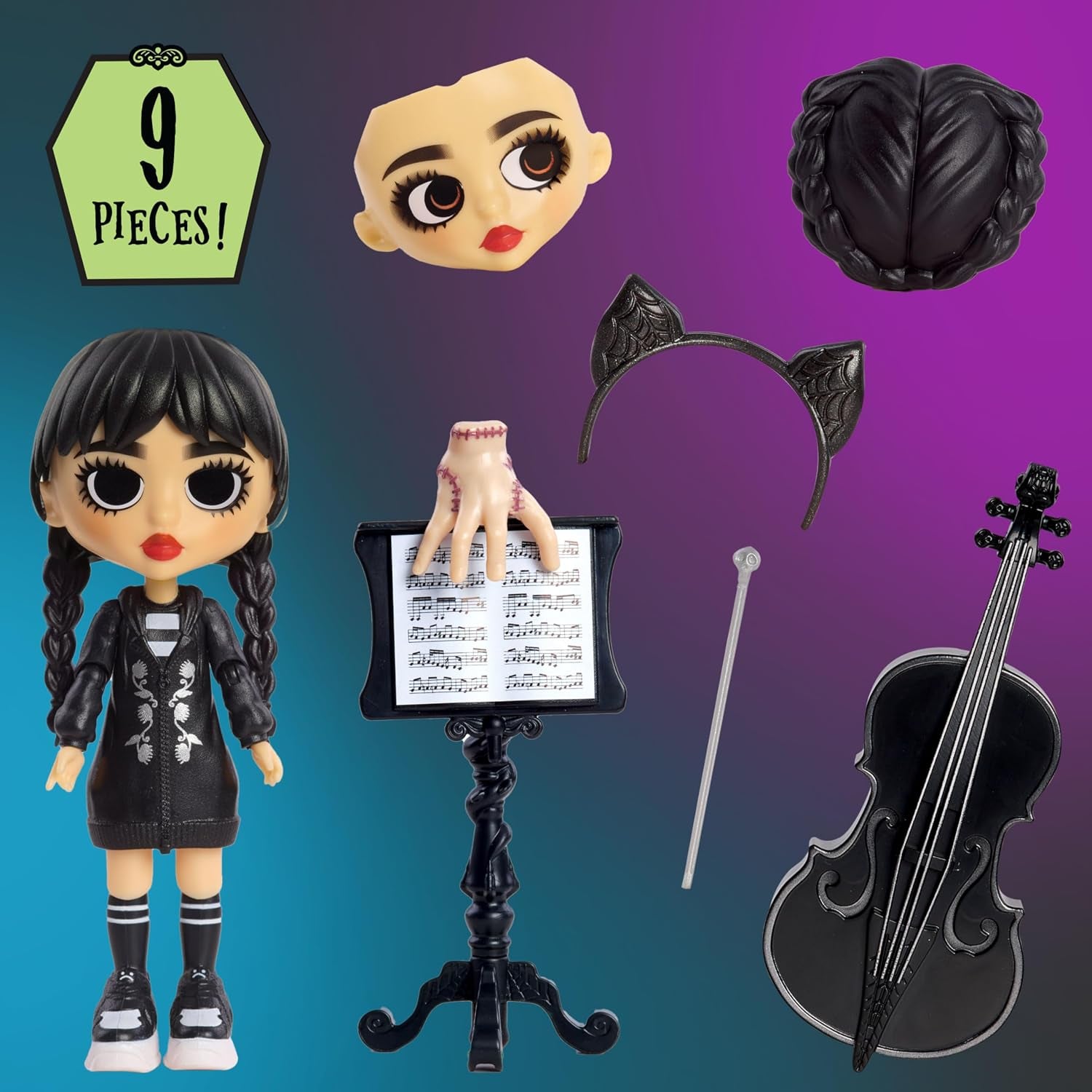 WEDNESDAY Deluxe 6-Inch Articulated Figure, 11-Pieces, Interchangeable Face Plates and Fashion, Customizable Collectible Figurine, Kids Toys for Ages 3 up by