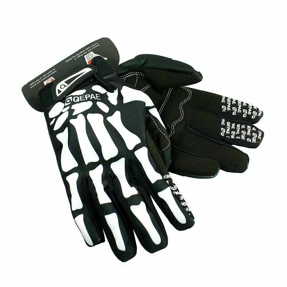 Gothic biker skeleton bone full finger gloves for racing, cycling, and mechanics with black leather and skeletal design.
