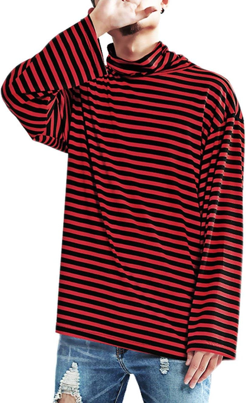 Black and white striped men's crewneck tee by Hotmiss featuring long sleeves and soft cotton-spandex fabric.