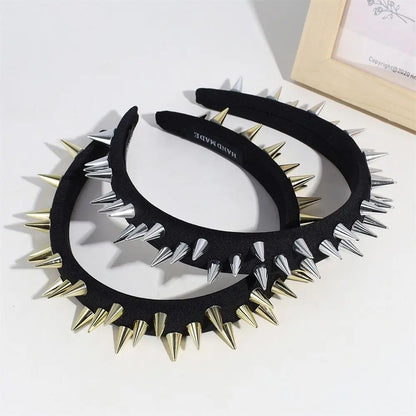 Silver and gold punk goth headband with rivets, stylish hair accessory for women, suitable for cosplay and everyday wear.